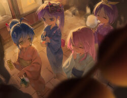  4girls absurdres ahoge blue_hair blue_kimono closed_eyes commentary cotton_candy eating eye_mask floral_print floral_print_kimono food glasses green_eyes hair_bun hairband hakun_(hak_kun) highres hiiragi_kagami hiiragi_tsukasa holding holding_cotton_candy holding_food izumi_konata japanese_clothes kimono long_hair lucky_star mask mask_on_head multiple_girls pink_hair print_kimono purple_hair purple_kimono sandals short_hair symbol-only_commentary takara_miyuki twintails yellow_hairband yukata 
