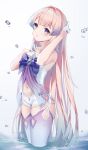 1girl bubble genshin_impact hand_on_head hand_on_own_chest long_hair looking_at_viewer navel open_mouth pink_hair ribbon sangonomiya_kokomi simple_background stomach thighhighs thighs very_long_hair violet_eyes water wet white_background