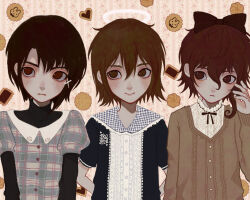  1992jpeg 2girls ain_(despera) arms_behind_back black_sweater bow brown_eyes brown_hair brown_sweater cookie despera food frills haibane_renmei hair_bow hair_ornament highres iwakura_lain layered_sleeves long_sleeves looking_to_the_side multiple_girls plaid_clothes plaid_shirt rakka_(haibane_renmei) serial_experiments_lain shirt short_hair short_over_long_sleeves short_sleeves sweater turtleneck turtleneck_sweater x_hair_ornament 