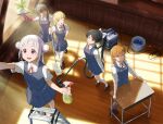  5girls :d :i ;o arashi_chisato bangs black_hair blonde_hair blue_dress blue_eyes blunt_bangs bottle brown_footwear brown_hair bucket carrying cleaning collared_shirt commentary crossed_legs day desk double_bun dress flipped_hair gloves green_eyes grin hair_bun hand_on_hip hardwood_floor hazuki_ren heanna_sumire highres holding holding_mop indoors kneehighs ladder light_brown_hair light_rays loafers long_hair looking_at_another love_live! love_live!_superstar!! medium_hair mop multiple_girls neck_ribbon netsuka one_eye_closed orange_hair parted_lips pinafore_dress pink_gloves ponytail pout red_eyes red_ribbon ribbon school_uniform shadow shibuya_kanon shirt shoes short_bangs short_dress sidelocks smile spray_bottle summer_uniform swept_bangs tang_keke thigh-highs vacuum_cleaner violet_eyes watson_cross white_hair white_legwear white_shirt wide-eyed wire wooden_floor yellow_eyes yuigaoka_school_uniform 