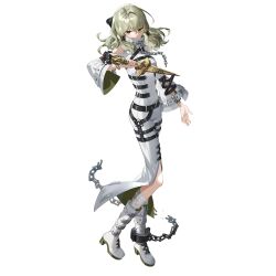  1girl ankle_cuffs belt black_belt black_survival bodysuit boots breasts brown_eyes chain commentary crossed_bangs green_hair hair_between_eyes hair_spread_out highres holding holding_knife knee_boots knife looking_at_viewer ly_anh lying medium_breasts official_alternate_costume official_art on_back skin_tight solo thigh_belt thigh_strap transparent_background white_bodysuit white_boots 