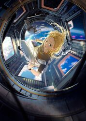  1girl above_clouds absurdres aqua_eyes black_cat black_shirt blonde_hair cat clouds drawing_tablet earth_(planet) forehead full_body high_ponytail highres holding holding_drawing_tablet holding_tablet_pc id_card indoors maeda_mic open_mouth original pants planet ponytail shirt sky solo star_(sky) starry_sky sunlight t-shirt tablet_pc watch watch white_pants zero_gravity 