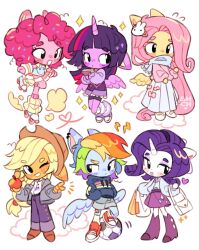 6+girls :d alternate_costume animal_ear_piercing animal_ears applejack applejack_(equestria_girls) bag ball bike_shorts black_eyes blonde_hair blue_scarf blunt_bangs book boots brown_hat chibi chibi_only colored_skin commentary confetti cowboy_hat curly_hair denim english_commentary eyeshadow fluttershy fluttershy_(equestria_girls) food freckles fruit hair_ornament handbag hands_in_pocket hat highres holding holding_book holding_food holding_fruit hood hoodie horse_ears horse_girl jacket jeans leg_up leg_warmers long_hair long_skirt low-tied_long_hair makeup mane_six_(my_little_pony) multicolored_hair multiple_girls my_little_pony my_little_pony:_equestria_girls my_little_pony:_friendship_is_magic one_eye_closed open_clothes open_jacket pants pink_hair pink_skin pinkie_pie pinkie_pie_(equestria_girls) pleated_skirt purple_eyeshadow purple_hair purple_skin rabbit_hair_ornament rainbow_dash rainbow_dash_(equestria_girls) rainbow_hair rarity_(equestria_girls) rarity_(my_little_pony) roller_skates scarf sharpycharot shoes shopping_bag short_eyebrows shorts simple_background skates skirt smile sneakers soccer_ball standing standing_on_one_leg streaked_hair tomboy twilight_sparkle twilight_sparkle_(human) unicorn_girl unicorn_horn v very_long_hair white_background wings wristband 