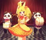  1girl :d aldin_nicola animal animal_ear_fluff animal_ears arm_up bangs blonde_hair bow bowtie brown_shirt checkered_floor commentary_request curtains drum drumsticks flower forehead_jewel frilled_skirt frills highres holding instrument long_hair mamyouda panda puffy_short_sleeves puffy_sleeves red_bow red_bowtie red_flower seventh_happiness shirt short_eyebrows short_sleeves skirt smile solo standing thick_eyebrows violet_eyes virtual_youtuber wrist_cuffs yellow_skirt 