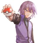  1boy bangs black_eyes closed_mouth commentary_request fingernails frown holding holding_poke_ball jacket looking_at_viewer male_focus oyasuminjyutsu paul_(pokemon) poke_ball poke_ball_(basic) pokemon pokemon_(anime) pokemon_dppt_(anime) purple_hair purple_jacket shirt short_hair solo upper_body white_background 