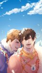  2boys adventurer_(ff14) ardbert_(ff14) bangs black_hair blue_jacket closed_eyes clouds day earrings facial_hair final_fantasy final_fantasy_xiv fur-trimmed_jacket fur_trim high_collar highres hyur jacket jewelry kare21054001 male_focus multiple_boys necklace open_mouth outdoors red_shirt shirt short_hair sky smile snow_on_head snowing upper_body 