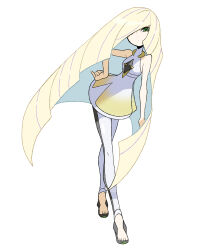  1girl absurdres bare_shoulders black_pants blonde_hair breasts closed_mouth dress full_body green_eyes hair_over_one_eye hand_on_own_hip highres long_hair looking_at_viewer lusamine_(pokemon) pants pokemon pokemon_sm sach56000 sleeveless sleeveless_dress small_breasts solo two-tone_pants very_long_hair white_background white_dress white_pants 
