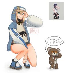 1girl androgyne_symbol blonde_hair blue_hoodie blue_shoes bridget_(guilty_gear) chainsaw_man commentary english_commentary female_focus green_eyes guilty_gear guilty_gear_strive hand_up highres hirji hood hood_up hoodie looking_at_viewer reference_inset reze_(chainsaw_man) reze_dance roger_(guilty_gear) self-upload shirt shoes simple_background skirt smile speech_bubble stuffed_animal stuffed_toy teddy_bear thighs thought_bubble watermark white_background