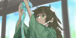  1girl ahoge blue_sky dated green_kimono highres hiyajou_maho holding japanese_clothes kimono long_hair looking_up menomorute messy_hair science_adventure sky solo steins;gate steins;gate_0 tagme tanabata tanzaku temple very_long_hair 