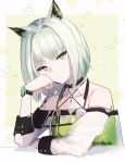  :| absurdres animal_ears arknights cat_ears cdrp0k closed_mouth collarbone detached_sleeves elbows_on_table green_eyes hand_on_own_face highres kal&#039;tsit_(arknights) oripathy_lesion_(arknights) stethoscope tank_top triangle_print upper_body watch watch white_hair 