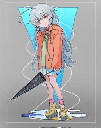  1girl adjusting_earphones ahoge ankle_socks bags_under_eyes boots border bow braid cable closed_umbrella commentary earphones green_shirt grey_background grey_eyes grey_hair highres holding holding_umbrella hoshi_syoko huge_ahoge idolmaster idolmaster_cinderella_girls idolmaster_cinderella_girls_starlight_stage jacket kominami_abc listening_to_music long_hair looking_at_viewer orange_jacket pink_bow pink_socks pleated_skirt puddle rubber_boots shirt side_braid single_braid skirt socks solo symbol-only_commentary triangle umbrella white_skirt yellow_boots 