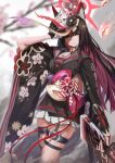  1girl absurdres bangs black_gloves black_hair black_kimono blue_archive blurry blurry_background closed_mouth colored_inner_hair fingerless_gloves fire floral_print fox_mask garter_straps gloves gun halo hand_up highres holding holding_gun holding_mask holding_weapon japanese_clothes kimono kimono_skirt long_sleeves looking_at_viewer mask multicolored_hair nullsaki_uta obi sailor_collar sash single_thighhigh smile solo thigh-highs thigh_strap wakamo_(blue_archive) weapon wide_sleeves yellow_eyes 
