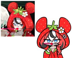  2girls anger_vein angry animal_ears babydoll ball_gag black_hair black_streaks blue_eyes blush braid cecilia_immergreen chibi commentary double-parted_bangs gag gagged hair_between_eyes hakos_baelz hakos_baelz_(strawberry_onesie) highres hololive hololive_english hood hooded_pajamas mouse_ears multicolored_hair multiple_girls official_alternate_costume onesie pajamas photo-referenced pointing pointing_at_self red_hair red_pajamas saliva screenshot_inset standing tensutensu v-shaped_eyebrows virtual_youtuber white_background white_hair 