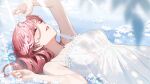  1girl bangs bare_arms breasts closed_eyes dress ekao flower hair_between_eyes head_wings holding holding_flower hololive long_hair lying nail_polish on_back parted_lips pink_hair pink_nails sleeveless sleeveless_dress solo takane_lui upper_body virtual_youtuber white_dress white_flower 
