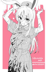  1girl absurdres alternate_costume animal_ears arms_up blood blood_on_clothes blood_on_face blood_on_hands blush closed_mouth commentary_request dress greyscale_with_colored_background hair_between_eyes halloween halloween_costume hat highres long_hair looking_at_viewer meimei_(meimei89008309) nurse nurse_cap patchwork_skin pink_background rabbit_ears rabbit_girl reisen_udongein_inaba short_sleeves smile solo touhou twitter_username 