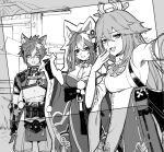 1boy 1girl animal_ears armor bangs blush breasts cardboard_cutout commentary_request detached_sleeves dog_boy dog_ears earrings empty_eyes fingerless_gloves fox_ears genshin_impact gloves gorou_(genshin_impact) greyscale hair_between_eyes hair_ornament hina_(genshin_impact) japanese_armor japanese_clothes jewelry large_breasts long_hair looking_at_viewer medium_breasts miko monochrome multicolored_hair open_mouth outdoors paintbrush selfie tassel togatamaki wide_sleeves yae_miko 