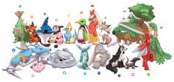 black_eyes blaziken blue_eyes closed_eyes closed_mouth commentary_request crossed_arms dusclops full_body glaceon highres jigglypuff kingdra lycanroc manectric mightyena miltank no_humans pokemon pokemon_(creature) pon_(ponymmtknsk) red_eyes salandit sceptile scizor sharpedo simple_background sitting standing steelix torracat torterra tropius white_background xatu 