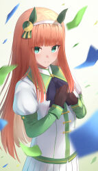  1girl absurdres animal_ears black_bow black_gloves blunt_bangs blush bow closed_mouth confetti ear_covers gloves green_eyes green_sailor_collar hairband highres hime_cut hiroserii horse_ears horse_girl long_hair long_sleeves looking_at_viewer orange_hair pleated_skirt sailor_collar shirt silence_suzuka_(innocent_silence)_(umamusume) silence_suzuka_(umamusume) skirt smile solo umamusume white_hairband white_shirt white_skirt 
