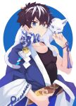  1boy animal animal_on_shoulder bangs bell black_hair black_tank_top blue_eyes blue_kimono cat charlemagne_(fate) closed_mouth fate/extella fate/extella_link fate/extra fate/grand_order fate_(series) highres japanese_clothes jingle_bell kamigokuin kimono male_focus multicolored_hair pectorals short_hair smile tank_top two-tone_hair white_cat white_hair wide_sleeves 