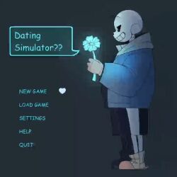  1boy 2023 2d artist_name black_shorts blue_flower blue_jacket comic_sans dark_background digital_media echo_flower english_text fake_screenshot flower full_body gameplay_mechanics glowing glowing_flower grey_hood highres holding holding_flower hood hood_down hooded_jacket jacket male male_focus male_only open_clothes open_jacket pink_slippers sans_(undertale) sel_mesanity shirt simple_background single_vertical_stripe slippers solo standing striped_shorts text undertale utdr_(toby_fox) vertical-striped_clothes vertical-striped_shorts white_shirt white_stripes 