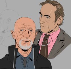  ... 2boys bald beard black_jacket blue_shirt breaking_bad brown_hair brown_necktie closed_mouth collared_shirt facial_hair grey_background grey_hair grey_jacket jacket male_focus mature_male mike_ehrmantraut multiple_boys necktie pink_shirt saul_goodman shirt short_hair spoken_ellipsis suit_jacket upper_body utm_alt 