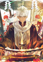  3girls absurdres black_haori black_kimono cape dark-skinned_male dark_skin eeju emiya_shirou fate/grand_order fate_(series) haori highres holding holding_sword holding_weapon igote japanese_clothes katana kimono male_focus multiple_boys multiple_girls nagatekkou official_alternate_hair_color orange_hair red_hair revision scarf senji_muramasa_(fate) senji_muramasa_(second_ascension)_(fate) senji_muramasa_(third_ascension)_(fate) short_hair smile sword toned toned_male topless_male upper_body weapon white_cape white_hair wide_sleeves yellow_eyes 