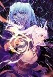  2girls clenched_teeth coat dark_background dragon dual_persona evil_smile extra_eyes faithom fangs fire_emblem fire_emblem_awakening glass glass_shards gloves glowing glowing_hand grima_(fire_emblem) looking_at_viewer magic monster multiple_girls red_eyes robin_(fire_emblem) robin_(fire_emblem)_(female) serious shattered smile teeth twintails 
