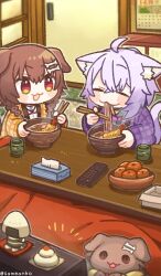  2girls :3 :d ahoge animal_ear_fluff animal_ears artist_name blush_stickers bone_hair_ornament bowl braid brown_hair calendar_(object) cat_ears cat_girl cat_tail chibi chibi_only chopsticks closed_eyes commentary controller cup dog_ears dog_girl eating food fruit hair_between_eyes hair_ornament highres hololive indoors inugami_korone inugami_korone_(dog) kotatsu looking_at_another mandarin_orange multiple_girls nekomata_okayu new_year noodles onigirya_(nekomata_okayu) open_mouth purple_hair red_eyes remote_control same_anko shrimp shrimp_tempura smile soba table tail television tempura tissue_box twin_braids twintails virtual_youtuber yunomi 