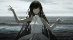  1girl artist_request bangs bare_arms bare_shoulders brown_hair closed_eyes clouds cloudy_sky dress floating_scarf long_hair ocean ress sky sleeveless sleeveless_dress smile solo very_long_hair water white_dress 