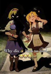 2girls alice_margatroid apron blonde_hair blue_dress blush book boots braid capelet closed_eyes dress emoji fang frills glowing glowing_eyes grimoire grimoire_of_alice grmarsa hairband heart highres holding_another's_wrist kirisame_marisa kneehighs lipstick_mark meme multiple_girls open_mouth shaded_face shoes short_hair single_braid skirt smile socks star_(symbol) touhou v why_dis_ninja_look_so_mad_(meme) yuri 