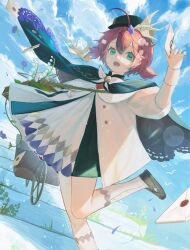  1girl :d ahoge arm_up bag bird_hair_ornament bird_hat_ornament black_cape black_hat black_shoes blue_eyes blue_sky bow bowtie brown_bag brown_hair cape clouds cloudy_sky coat dress dutch_angle envelope flower flutterpage flutterpage_(gently_comes_the_thawing_breeze) foot_out_of_frame hair_flower hair_ornament hat highres holding holding_envelope juliet_sleeves kneehighs leg_up lily_of_the_valley loafers long_sleeves mailbag official_alternate_costume open_mouth origami paper_crane puffy_sleeves reverse:1999 shoes short_dress short_twintails shoulder_bag sky smile socks solo stairs standing standing_on_one_leg twintails white_bow white_bowtie white_coat white_dress white_flower white_socks xjsbca 