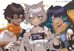  1boy 2girls animal_ears bangs blue_hair breasts brown_eyes brown_hair camisole cat_ears chest_jewel dark-skinned_male dark_skin fiery_hair glasses glowing_lines high_tops jacket looking_at_viewer mio_(xenoblade) mugimugis multiple_girls nintendo_switch orange_scarf ponytail scarf sena_(xenoblade) short_hair shoulder_strap side_ponytail simple_background small_breasts sports_bra taion_(xenoblade) tank_top upper_body white_camisole white_hair white_jacket white_tank_top xenoblade_chronicles_(series) xenoblade_chronicles_3 yellow_eyes 