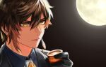 1boy bangs black_gloves brown_hair closed_mouth commentary_request cup earrings full_moon genshin_impact gloves hair_between_eyes holding holding_cup jewelry male_focus moon multicolored_hair orange_hair portrait simple_background single_earring solo togatamaki yellow_eyes zhongli_(genshin_impact) 