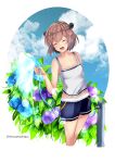 1girl absurdres alternate_costume blue_shorts blue_sky breasts brown_hair camisole casual closed_eyes clouds cowboy_shot flower hair_flower hair_ornament headgear highres himura_moritaka hose hydrangea kantai_collection open_mouth short_hair shorts sky small_breasts smile solo speaking_tube_headset standing water white_camisole yukikaze_(kancolle) yukikaze_kai_ni_(kancolle) 