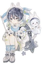  1girl 1other animal_ears aoyagi874 astronaut backpack bag bandage_on_knee bandages bare_legs black_hair blue_eyes blush boots closed_mouth commentary double-parted_bangs flag flagpole gloves hair_between_eyes helmet holding holding_flag holding_pole hose knees_up lace-up_boots original oxygen_tank painting_(medium) pale_skin pole ribbon short_hair sidelocks simple_background sitting socks solo space_helmet spacesuit star_(symbol) striped_ribbon suit symbol-only_commentary traditional_media watercolor_(medium) white_background white_suit 