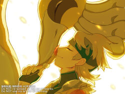  1boy alternate_color black_gloves black_shirt blonde_hair closed_eyes closed_mouth feathers fingerless_gloves from_side gloves hand_up happy haraya headband ho-oh holding holding_feather jacket male_focus medium_hair mixed-language_commentary morty_(pokemon) morty_(sygna_suit)_(pokemon) official_alternate_costume pokemon pokemon_(creature) pokemon_masters_ex shiny_pokemon shirt watermark white_background 