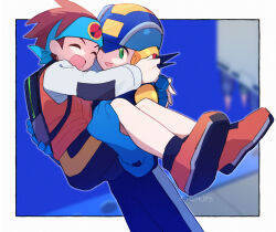  2boys backpack bag blue_bodysuit blue_headband blue_helmet bodysuit border brothers brown_hair carrying carrying_person green_eyes headband helmet highres hug lan_hikari_(mega_man) male_focus mega_man_(series) mega_man_battle_network_(series) mega_man_battle_network_6 megaman.exe mizuirov multiple_boys netnavi open_mouth orange_vest outdoors princess_carry scene_reference shirt short_hair shorts siblings smile spiky_hair twins twitter_username vest white_border white_shirt 