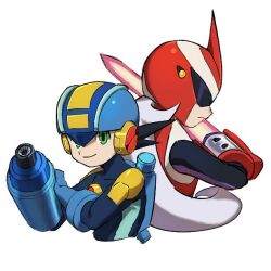  2boys arm_blade arm_cannon armor assault_visor blue_bodysuit blue_helmet bodysuit energy_sword green_eyes helmet long_hair looking_at_viewer male_focus mega_man_(series) mega_man_battle_network_(series) megaman.exe multiple_boys netnavi noro_zt protoman.exe red_armor red_helmet short_hair simple_background smile spiky_hair sword weapon white_background white_hair 