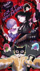  1other 2girls absurdres armpits artist_name bang_dream! bang_dream!_it's_mygo!!!!! bare_shoulders black_choker black_corset black_dress black_hair black_skirt black_wrist_cuffs breasts brown_eyes cat choker corset cross dress drumsticks earrings frilled_dress frilled_skirt frilled_sleeves frills guitar happy_birthday highres holding holding_drumsticks instrument jewelry large_breasts looking_at_another looking_at_viewer lyushuo mask masquerade_mask medium_skirt multiple_girls purple_hair red_background red_eyes short_sleeves skirt wrist_cuffs yonezawa_akane yuutenji_nyamu 