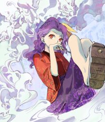  1girl bleeding_heart_(flower) bow commentary covering_own_mouth crossed_legs curly_hair flower geta highres holding holding_smoking_pipe japanese_clothes kaigen_1025 kimono kiseru komakusa_sannyo medium_hair name_connection object_namesake purple_skirt red_eyes red_kimono red_robe robe sandals skirt smoke smoking smoking_pipe smoking_pipe_in_mouth solo touhou violet_eyes white_flower yellow_bow 