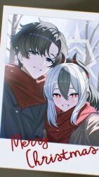  1boy 1girl black_hair black_horns blue_archive demon_horns earclip fake_photograph grey_halo grin hair_between_eyes halo highres horns kayoko_(blue_archive) light_blush looking_at_viewer merry_christmas multicolored_hair ponytail red_eyes red_scarf scarf sensei_(blue_archive) sensei_(blue_archive_the_animation) shi_draco short_hair smile two-tone_hair white_hair 