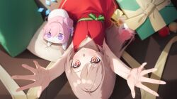  +_+ :3 \o/ arms_up brown_hair christmas doro_(nikke) goddess_of_victory:_nikke hair_bun highres long_hair multiple_girls only_one_(nikke) outstretched_arms pink_hair red_eyes silver_tokki smile spread_arms star-shaped_pupils star_(symbol) symbol-shaped_pupils very_long_hair violet_eyes 
