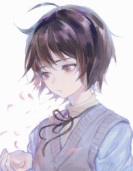  1boy ahoge black_eyes black_hair black_ribbon blue_shirt choppy_bangs closed_mouth commentary_request grey_sweater_vest hand_up highres looking_down male_focus neck_ribbon okubatomaeba original petals pink_petals ribbon sad shirt short_hair simple_background solo sweater_vest upper_body white_background 