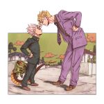 2boys black_border blonde_hair border brown_footwear brown_shirt clenched_hands collared_shirt commentary_request diamond_wa_kudakenai dragon_ball dragon_ball_z echoes_(stand) echoes_act2 formal frown green_eyes green_pants green_shirt green_sky grey_hair hands_on_hips hirose_koichi house jacket jojo_no_kimyou_na_bouken kira_yoshikage looking_at_another male_focus multiple_boys necktie okazaki_johnny outside_border pants purple_jacket purple_necktie purple_pants purple_suit road road_sign school_uniform shirt shoes sign spiky_hair stand_(jojo) standing stare_down street suit wing_collar 