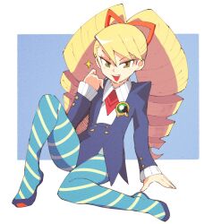 1girl bad_id bad_twitter_id blue_dress blue_pantyhose bow dress green_eyes hair_bow highres inkerton-kun luna_platz_(mega_man) mega_man_(series) mega_man_star_force_(series) open_mouth pantyhose simple_background sitting smile sparkle striped_clothes striped_pantyhose twin_drills twintails