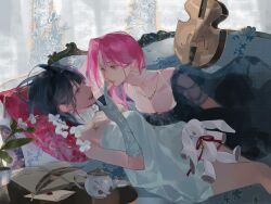  2girls alien_stage alternate_costume black_dress black_hair breasts commentary dress earrings english_commentary envelope flower gloves instrument jewelry kakyoriya mizi_(alien_stage) multiple_girls notebook pearl_earrings pink_hair quill smile stuffed_animal stuffed_rabbit stuffed_toy sua_(alien_stage) teapot violet_eyes wax_seal white_dress white_flower white_gloves yellow_eyes yuri 