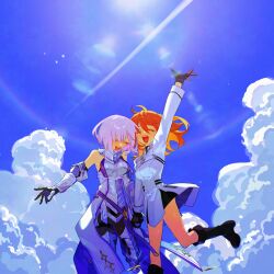  2girls absurdres armor bare_shoulders black_boots black_gloves black_pantyhose black_shirt black_skirt blue_sky boobplate boots breastplate chaldea_logo closed_eyes clouds command_spell commentary crying cuisses day dress fate/grand_order fate_(series) fujimaru_ritsuka_(female) fujimaru_ritsuka_(female)_(decisive_battle_chaldea_uniform) gauntlets glint gloves gorget hair_between_eyes highres holding_hands interlocked_fingers knee_boots leg_up long_sleeves mash_kyrielight mash_kyrielight_(paladin) medium_hair microbe_volvox multiple_girls open_mouth orange_hair outdoors pantyhose purple_hair shirt short_hair skirt sky smile standing standing_on_one_leg tears teeth thigh_strap turtleneck turtleneck_shirt upper_teeth_only white_armor white_dress 