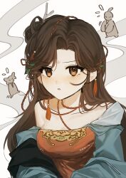  1girl breasts brown_eyes brown_hair dress facial_mark forehead_mark green_sleeves hair_branch hair_bun highres huadian jiu_niangzi kemeu long_hair parted_lips red_dress reverse:1999 single_bare_shoulder single_off_shoulder single_side_bun smoke solo statuette upper_body white_background 