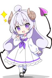  1girl :d ahoge black_shoes blush brown_horns commentary_request curled_horns curly_hair demon_girl demon_horns demon_tail dot_nose dress frilled_dress frills full_body hand_up horns kotatsu-mazoku lilith_(homunculus)_(machikado_mazoku) lilith_(machikado_mazoku) long_hair long_sleeves looking_at_viewer machikado_mazoku mary_janes neckerchief open_mouth pantyhose purple_hair purple_neckerchief sailor_collar sailor_dress shoes sidelocks simple_background smile solo sparkle standing tail violet_eyes white_background white_dress white_pantyhose white_sailor_collar 