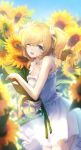 1girl :d barbara_(genshin_impact) bare_arms blonde_hair blue_eyes commentary cowboy_shot dress drill_hair flower frilled_dress frills from_side genshin_impact highres holding holding_flower lace_trim long_hair looking_at_viewer nature one_eye_closed open_mouth outdoors pistachiocream sleeveless sleeveless_dress smile solo summer sundress sunflower twin_drills white_dress 